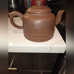 Antique Brown Teapot with Scenic Engravings